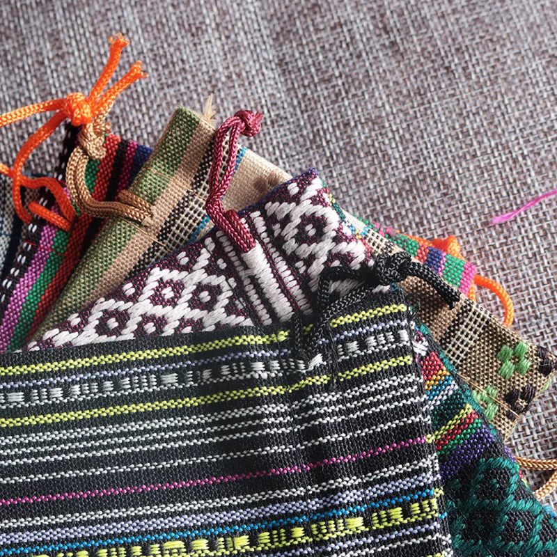 New 50pcs/lot Ethnic wind cotton bags 9x13cm Colorful Stripe Candy Gifts Jewelry Packaging Bags Cute Cotton Drawstring Gift Bag