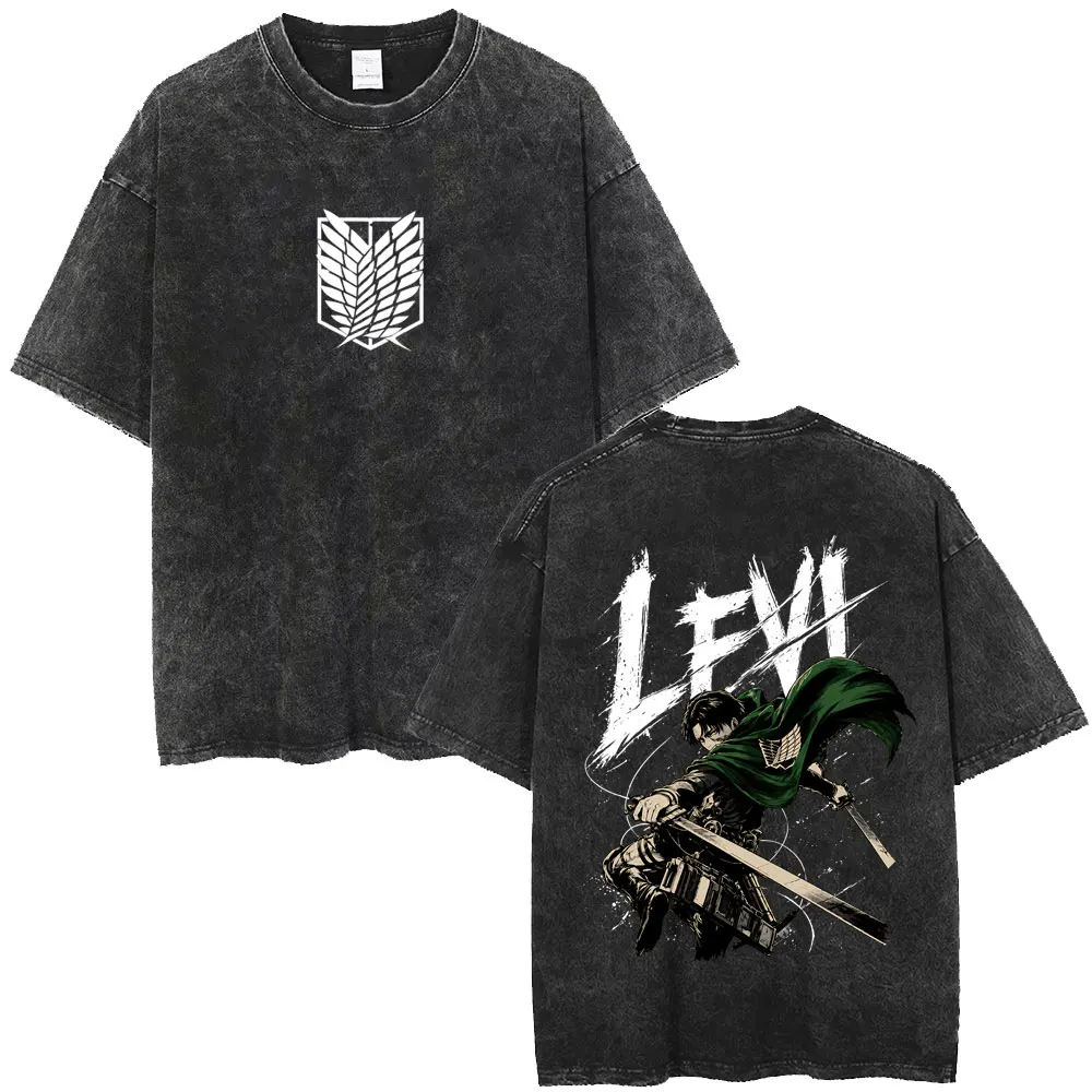 Camiseta Gráfica Vintage Lavada de Anime Ataque a los Titanes Levi Ackerman para Hombre y Mujer, Camisetas de Merchandising de Manga de Dibujos Animados, Camiseta Oversize para Hombre