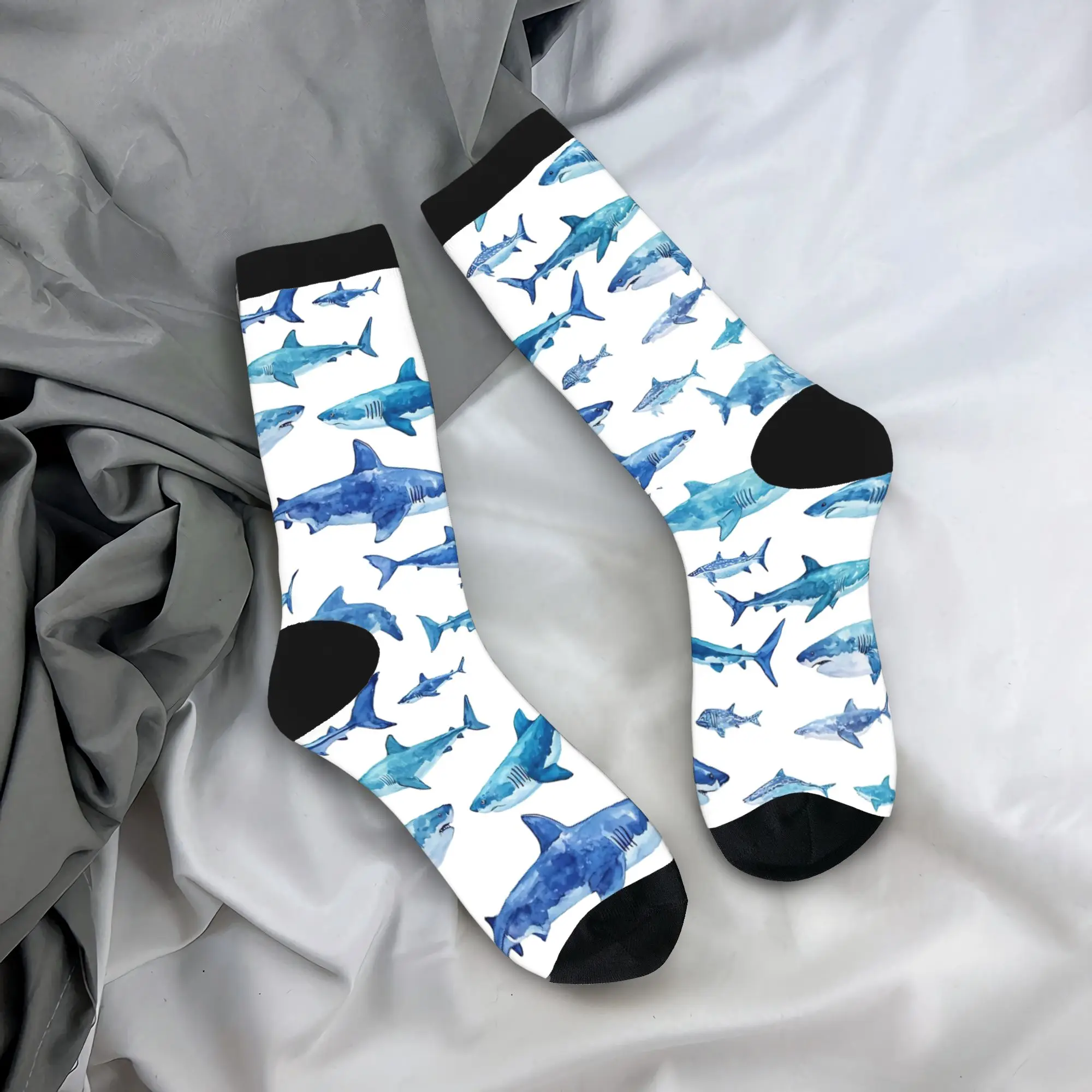 

Monochrome Blue Watercolour Sharks Ocean On White Socks Anti Bacterial Stockings Men Quality Running Sports Socks Custom Socks