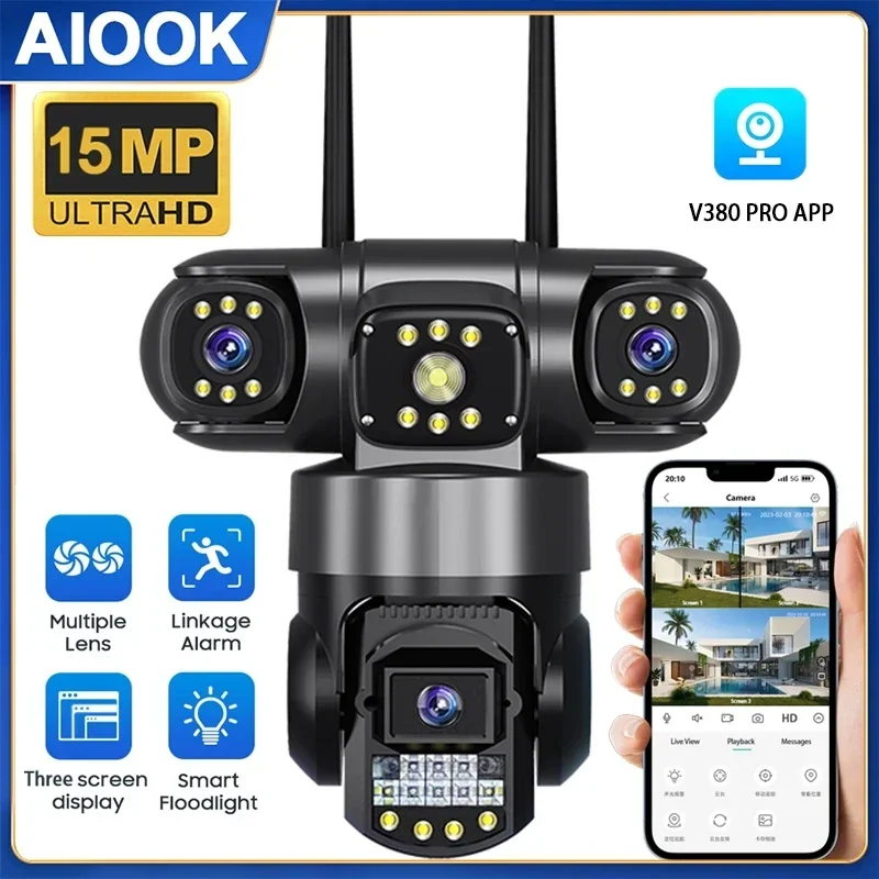 AIOOK V380 Outdoor Camera WiFi HD 15MP Triple Lens Camera Waterproof Night Vision Two Way Intercom Mobile Tracking PTZ IP Camera