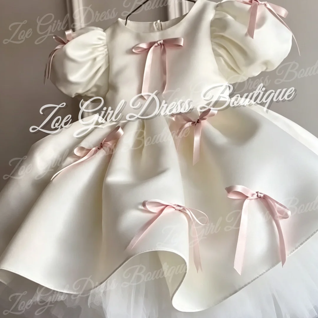 Ivory Satin Flower Girl Dresses Multi Bows Puff Sleeve Kids Birthday Baptism Pageant First Holy Communion Gowns Customized