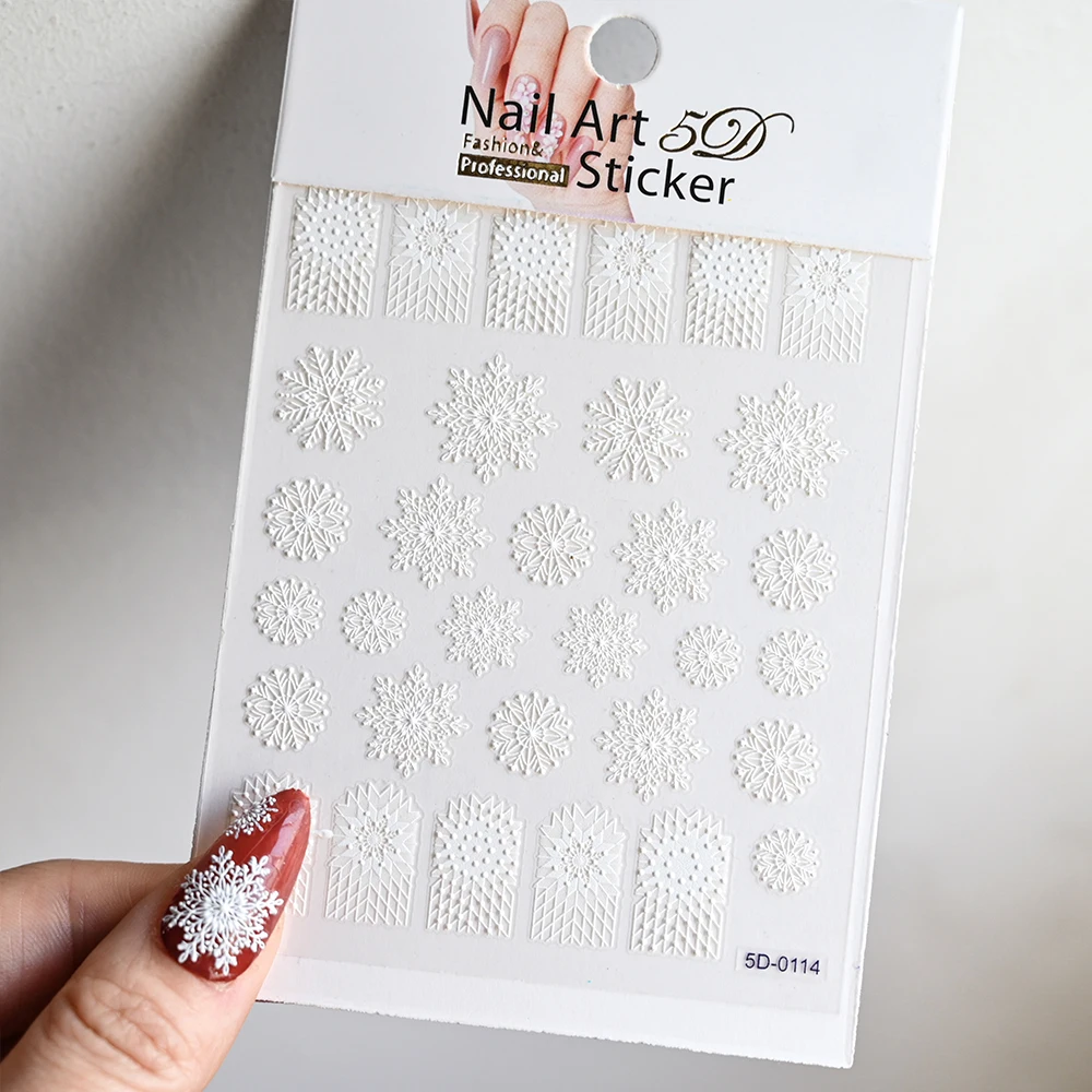 5D große Weihnachts-Schneeflocken-Nagelaufkleber, geprägte weiße Schneeflocken, selbstklebende Nagelkunst-Abziehbilder, Maniküre, Winter, Weihnachtsschieber