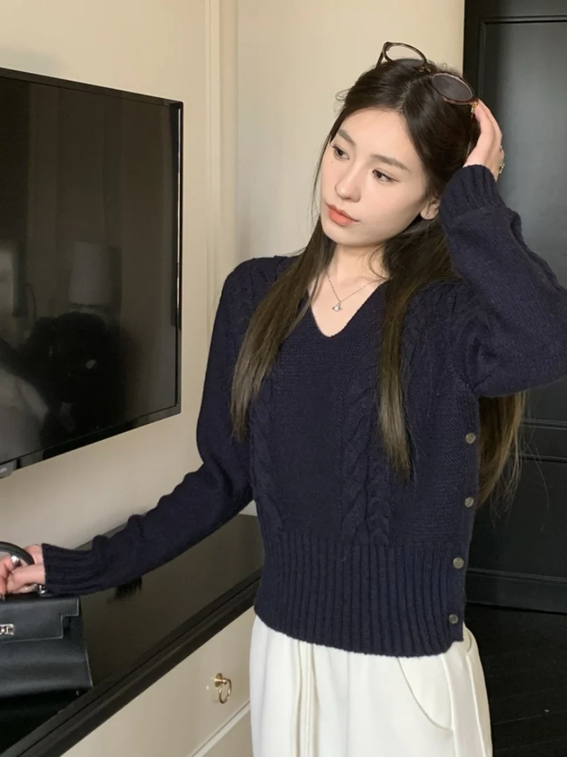 

Thiened Warm V-Ne Long Sve Knitted Sweater ort Sle Women's Inner Wear T-irt Autumn Winter Faion Casual Sle