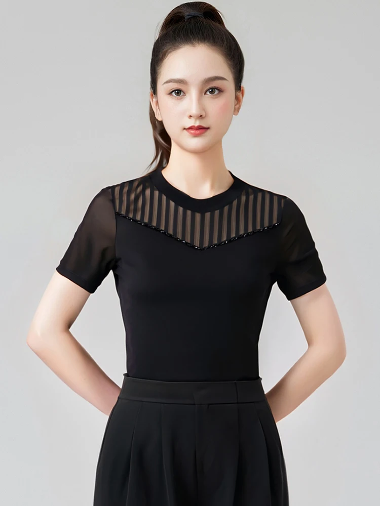 여성 볼룸 댄스 연습 탑 블랙 반팔 살사 라틴 댄스 탑 여성 블랙 모던 댄스 의상 DW10803