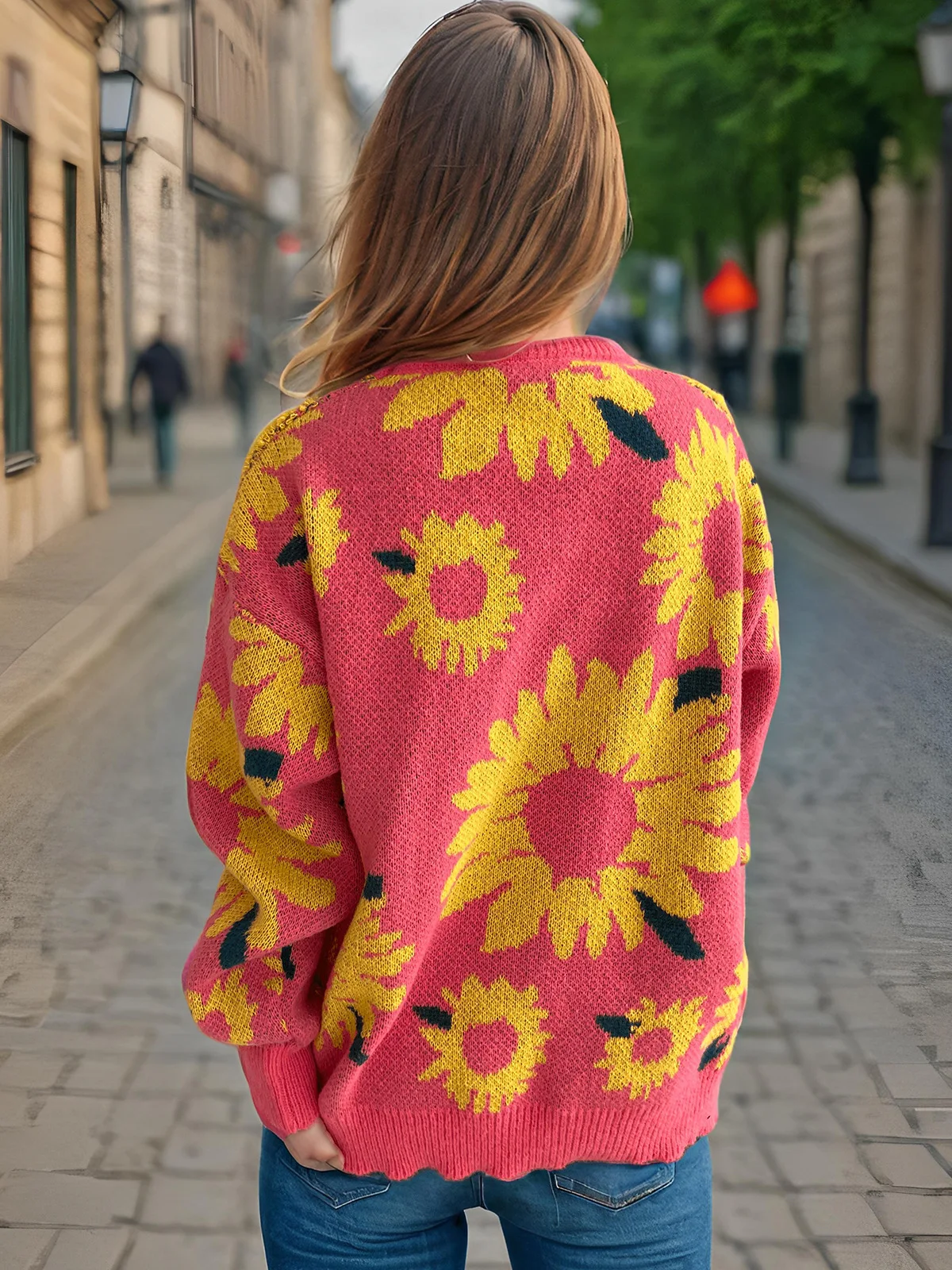 سترة امرأة فضفاضة شخصية الموضة اليومية عباد الشمس الجاكار الملابس الشتوية محبوك كم طويل الرقبة المستديرة البلوز القمم #2