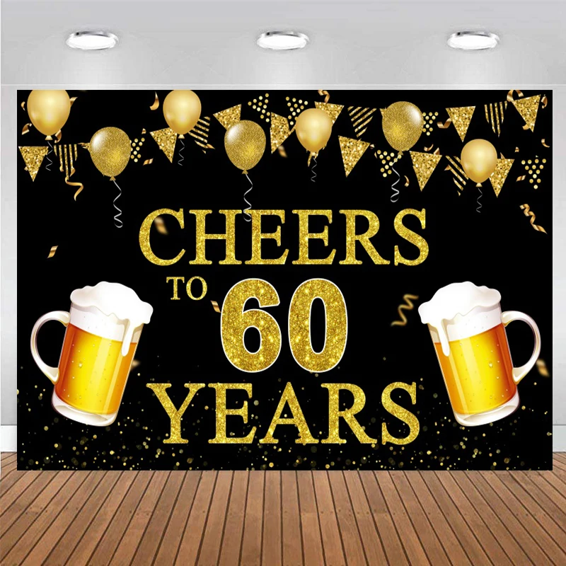 Cheers To 60 Years Birthday Decorations Banner Backdrop for Woman Men 60th Anniversary Party Black and Gold Photo Background