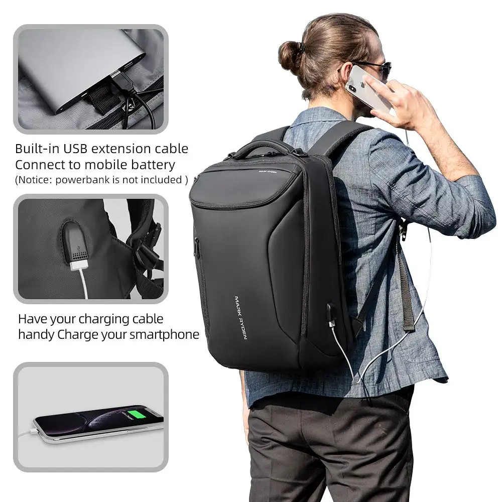 Mochila De Negocios, bolsa impermeable para viaje de vuelo, se adapta a computadora portátil de 17,3 pulgadas con enchufe de carga USB