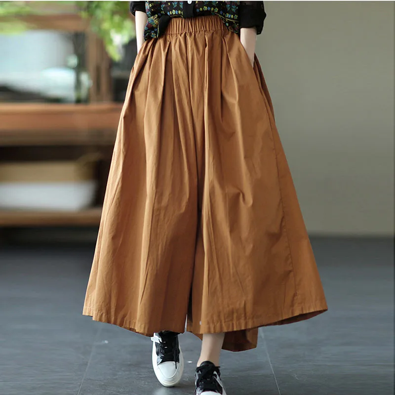 NINI WONDERLAND Autumn Cotton Casual Wide Leg Pants 2024 Spring Women Elastic Waist Loose Ankle Length Pants Vintage Trousers