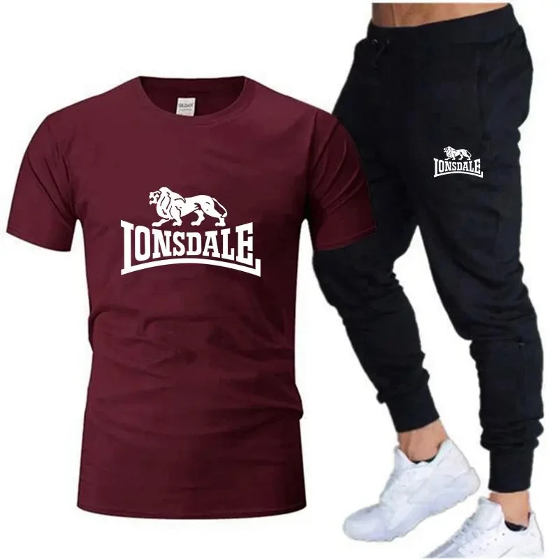 Lonsdale verão novo conjunto de camiseta masculina conjunto esportivo impresso camiseta + calças compridas secagem rápida alta qualidade casual