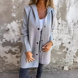 Casual Solid Color Straight Women's Jacket Spring Single Breasted Hooded Top Outerwears Autumn Long Sleeve Pocket Cardigan Coats