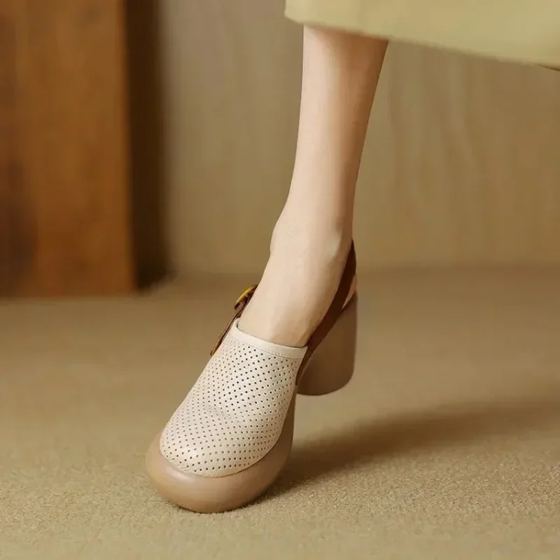 2024 New Luxury Sandalias De Mujer Summer Mid Heels Chunky Casual Designer Dress Pumps Mules Breathable Shoes Zapatos Ladies