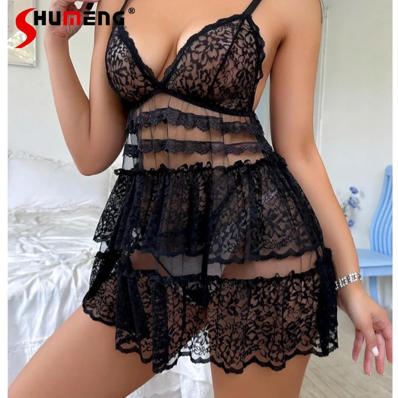 Canotta Lingerie Camicia da notte per donna Camicie da notte sexy con cinturino in rete Sheer Pure Desire Salotto intimo femminile di colore nero