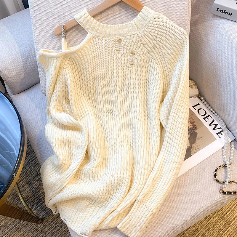 2022 Autumn New Chain Off Shoulder Pullovers Sweaters Women Love Pattern Loose Lazy Style Hole Knitted Tops Chic Jumpers