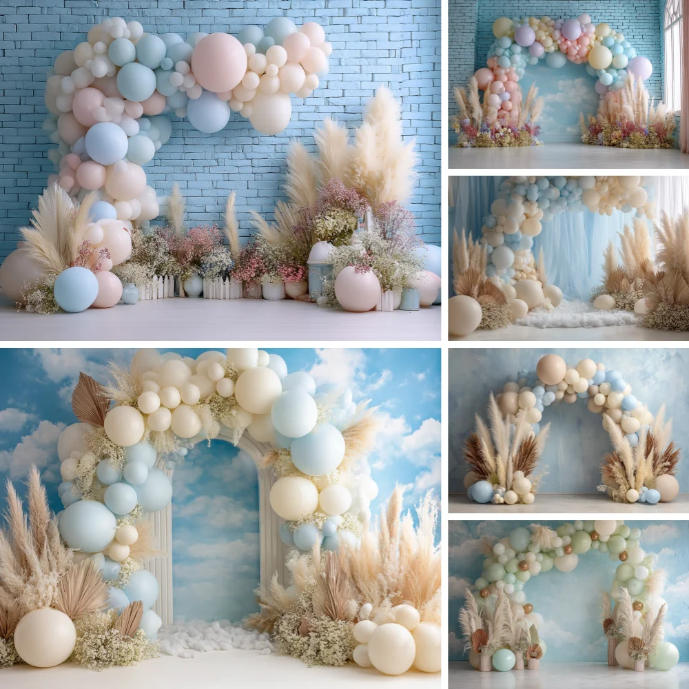 

Newborn 1st Birthday Photography Backdrop Bohemian Balloons Arch Blue Wall Baby Shower Cake Smash Boys Portrait Photo Background