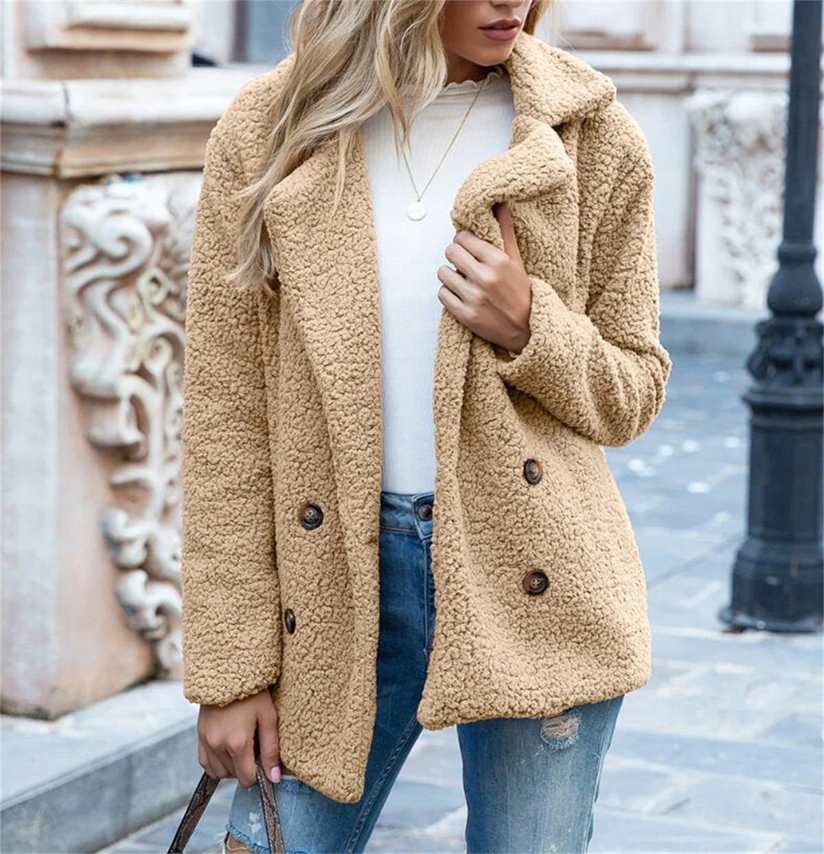 Lapel Loose Coat For Women Fashion Double Breasted Faux Fur Coats 2024 Autumn Winter Female Casual Jacket Elegant Plush Overcoat