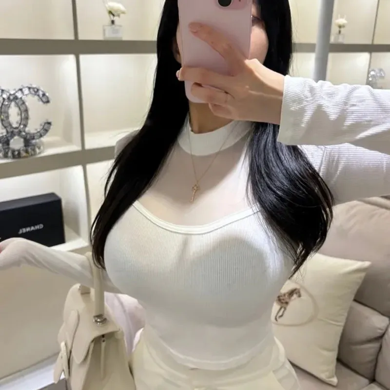 Chic Comfortable Long Sleeve Mesh Paneling Halfling High Collar T-Shirt New Autumn Fashion Women's Sexy Knitted Modal Fiber Tee
