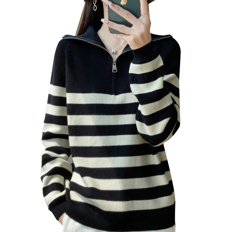 Vrouwen Merinowollen Trui Halve Rits Polo Kraag Trui Herfst Winter Mode Truien Streep Kleding Lange Mouw Basic Tops