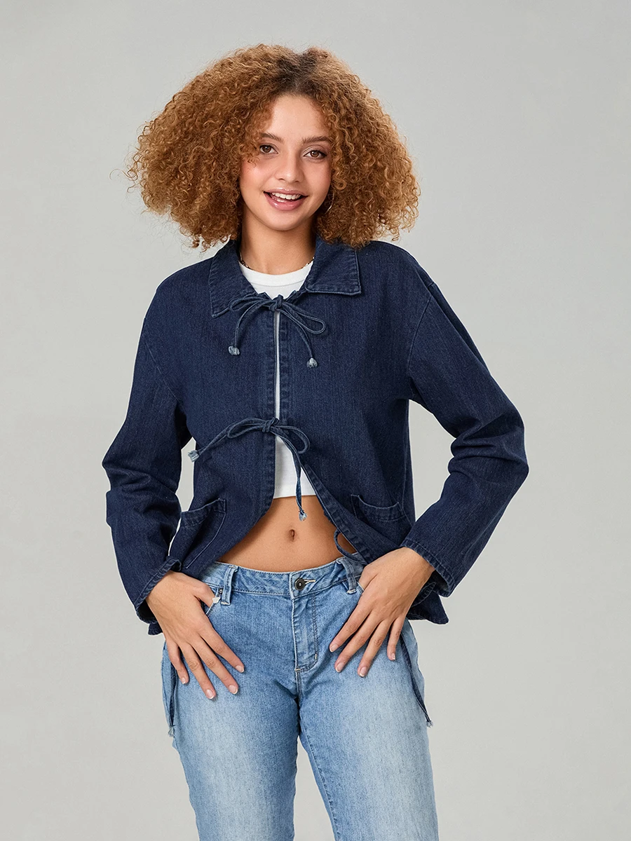 Women s Denim Jacket Solid Color Tie Front Lapel Neck Long Sleeve Jean Tops with Pockets Vintage Streetwear