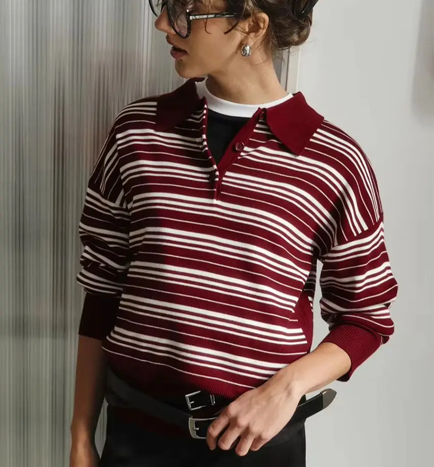 

WXOY Women Striped Shirt Knit Sweater Long Sleeve Polo Collar Soft Relaxed Modern Style Fall Winter Street Fashion Top