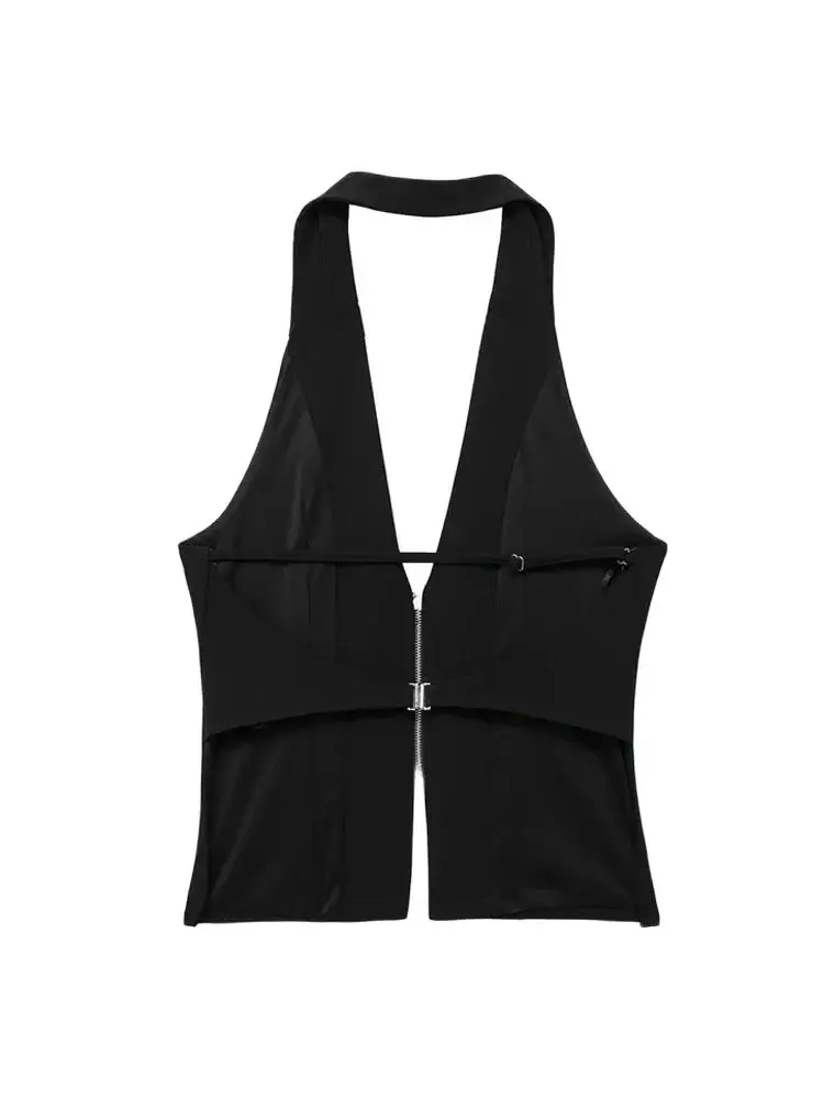 Women's Front Zipper Halter Tank Tops, Backless, Lapel Collar, Sleeveless Female Camis, Sexy Fashion