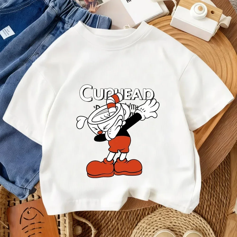 Kids Short Sleeve T Shirt Cool Dabbing Cuphead Game Character Letter Print Crew Neck Cartoon Graphic Casual Boys Girls Daily Top
