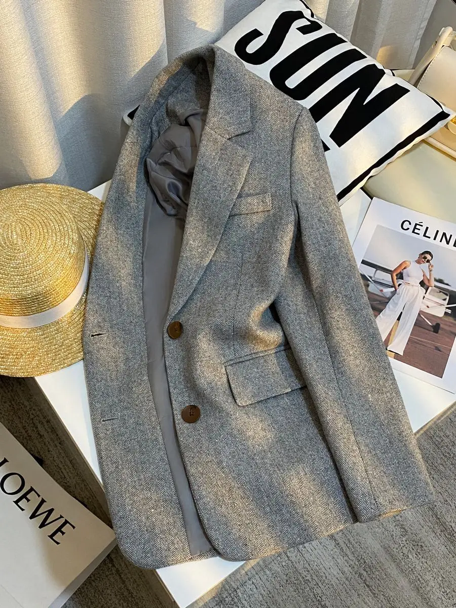Gray Wool Blazer Women Autumn Trendy Casual Tweed Blazers Jacket Long-sleeved Coats Single-breasted Top Outerwear
