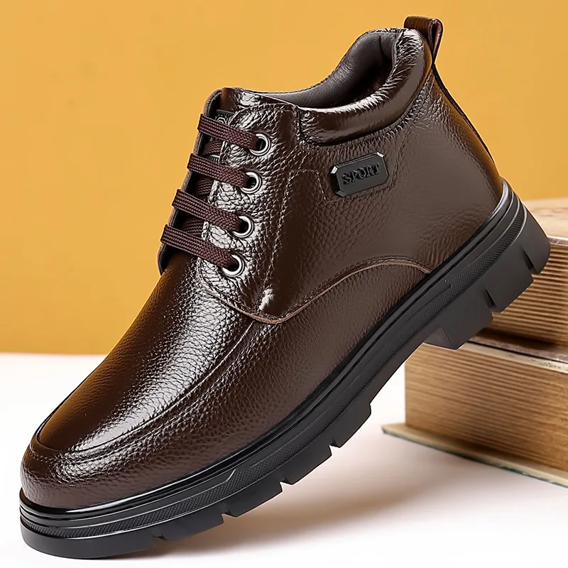 All Match Comfortable Men's High Top Winter Fur Cotton Shoes 2026 Flat Heel Genuine Leather Boots Short Ankle Boots for Father