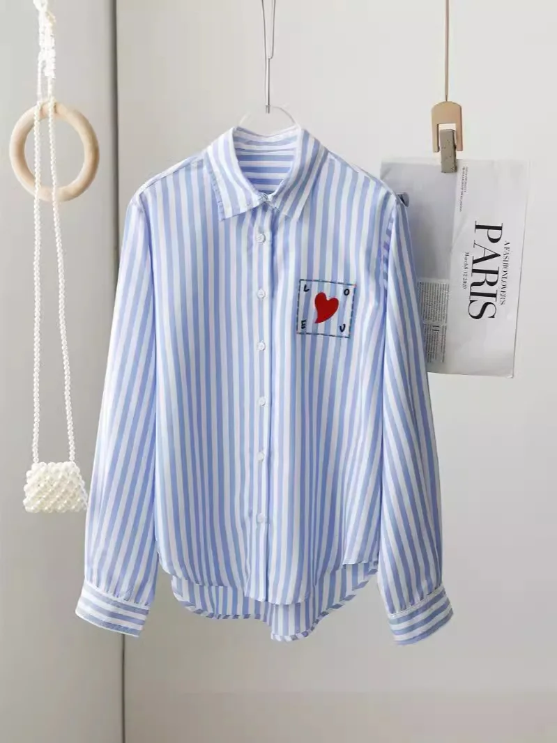 Blouse for Women 2024 New Spring Summer Stripe Turn Down Collar Single Breasted Loose Casual Long Sleeve Shirt