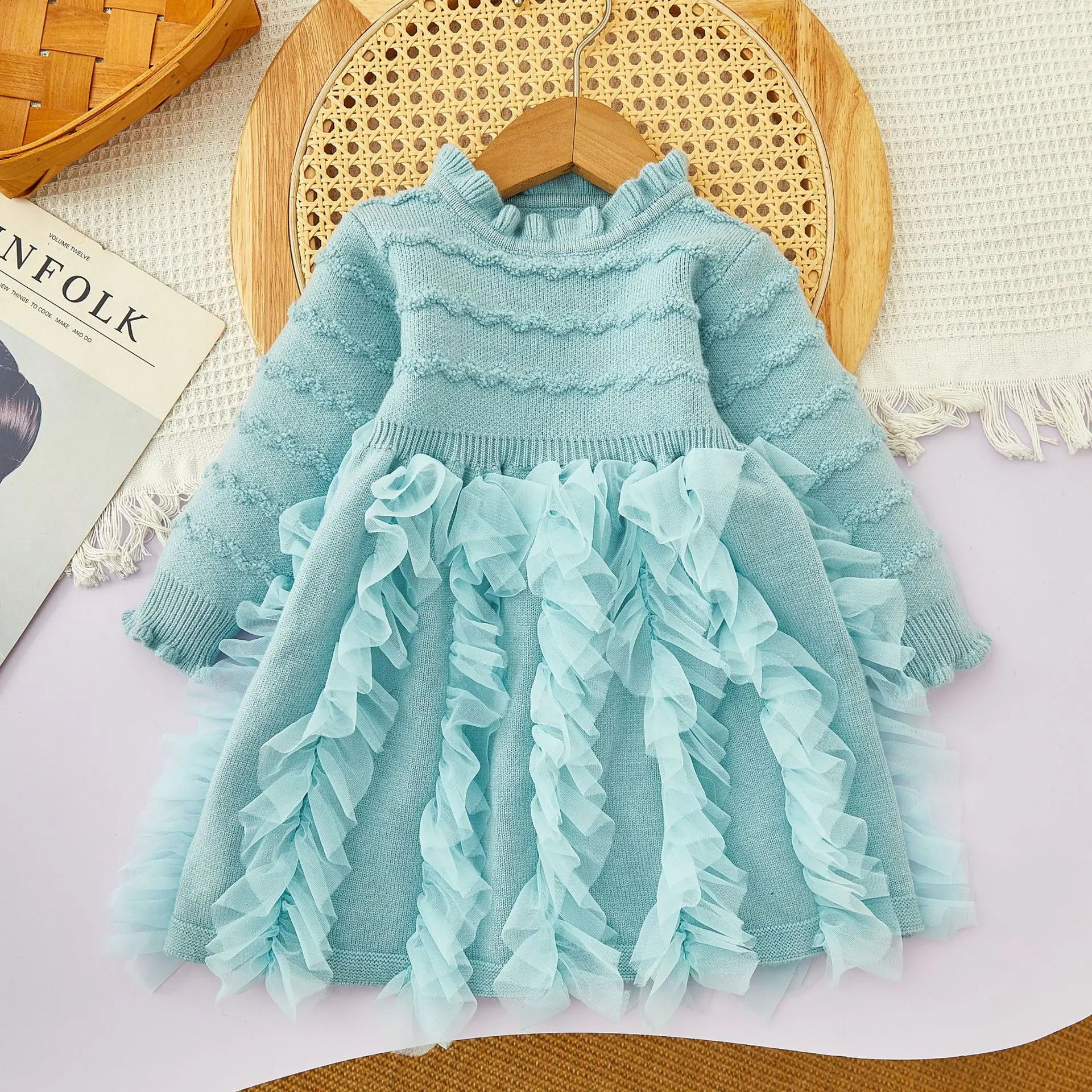 Girls High Waist Ball Gown Sweaters Dress Winter Fall 2 3 4 5 6 7 8 Year Pink Blue Ruched Mesh Party Dresses Children Clothes