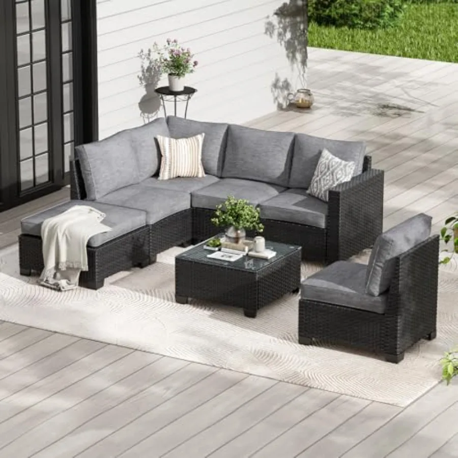 Outdoor patio furniture set: 7-piece corner sofa set with ottoman, 3 armless chairs, one-arm sofa coffee table; PE rattan; dark