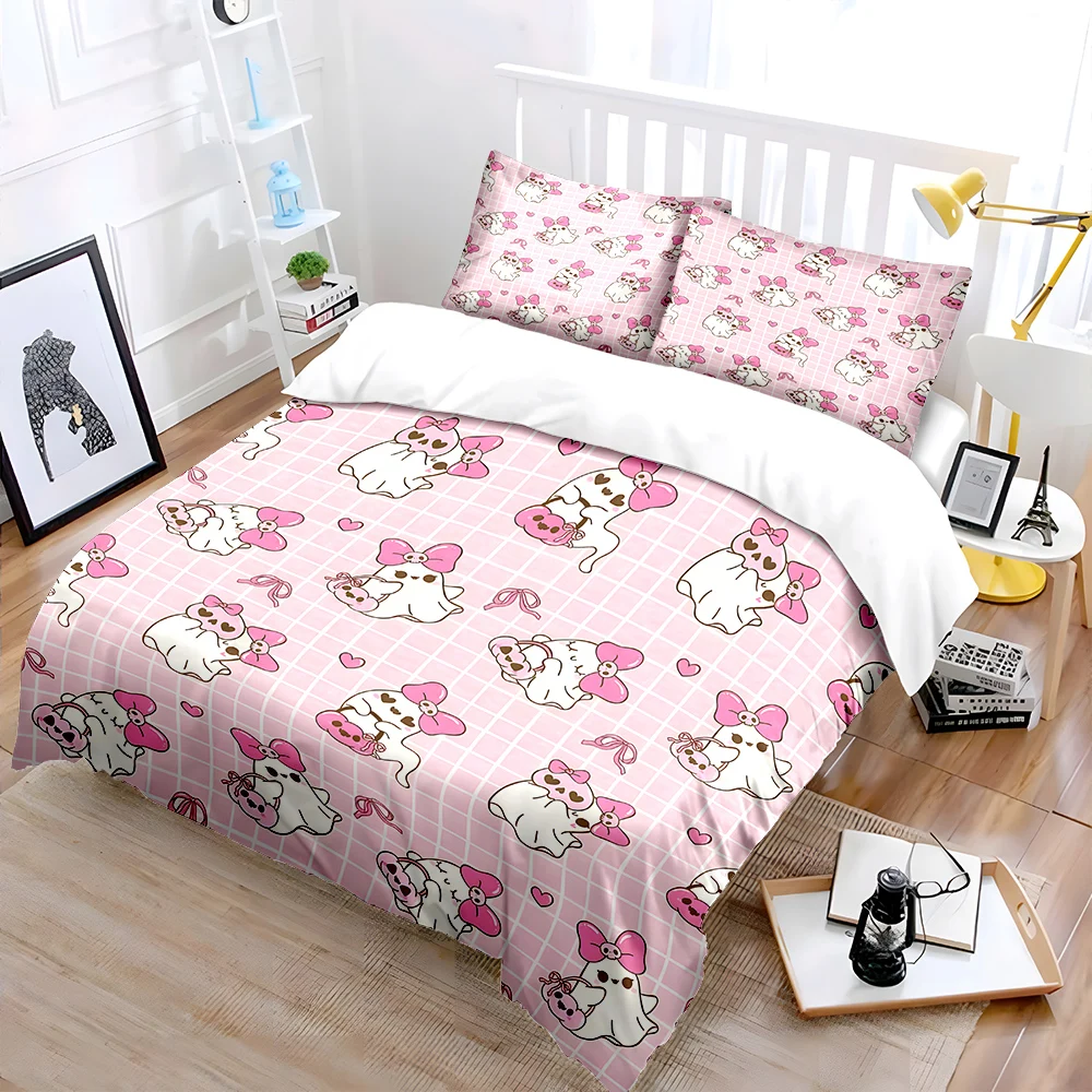 Pink Bow Ghost Cartoon Pattern Duvet Cover Set Digital Print Colorful Polyester Bedding with Zipper Closur for kids gifts