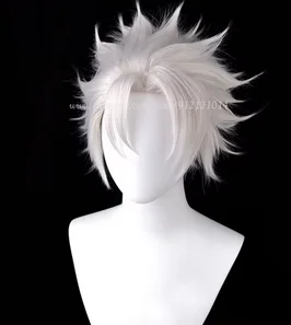 Anime Shinazugawa Sanemi Cosplay Pruik 30Cm Korte Zilveren Witte Pruiken Hittebestendig Synthetisch Haar