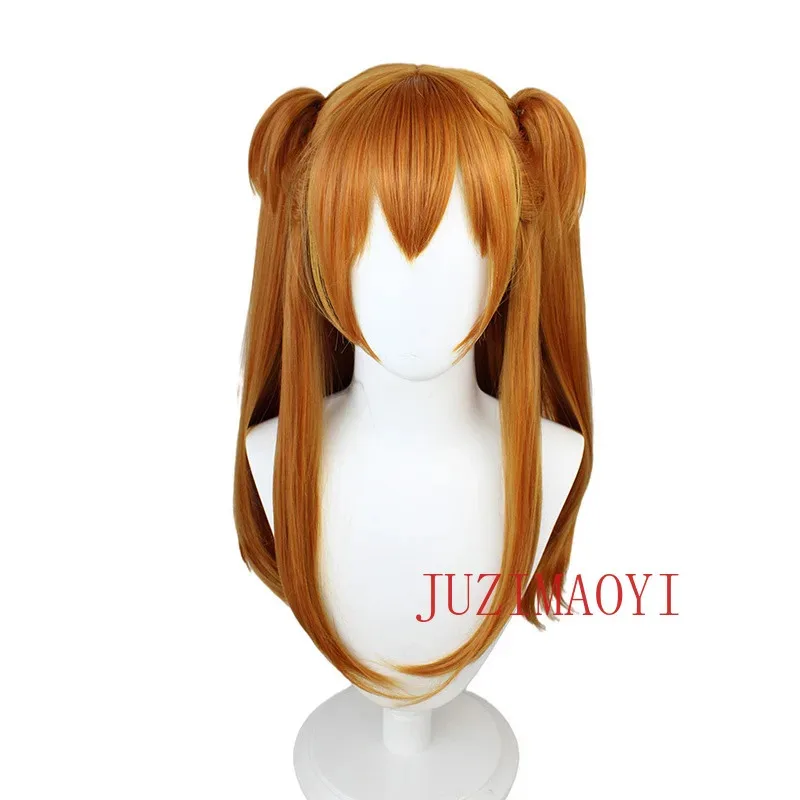 Asuka Langley Soryu pelucas de Cosplay largo naranja con 2 Clips de cola de caballo peluca de pelo sintético resistente al calor + gorro de peluca EVA de alta calidad
