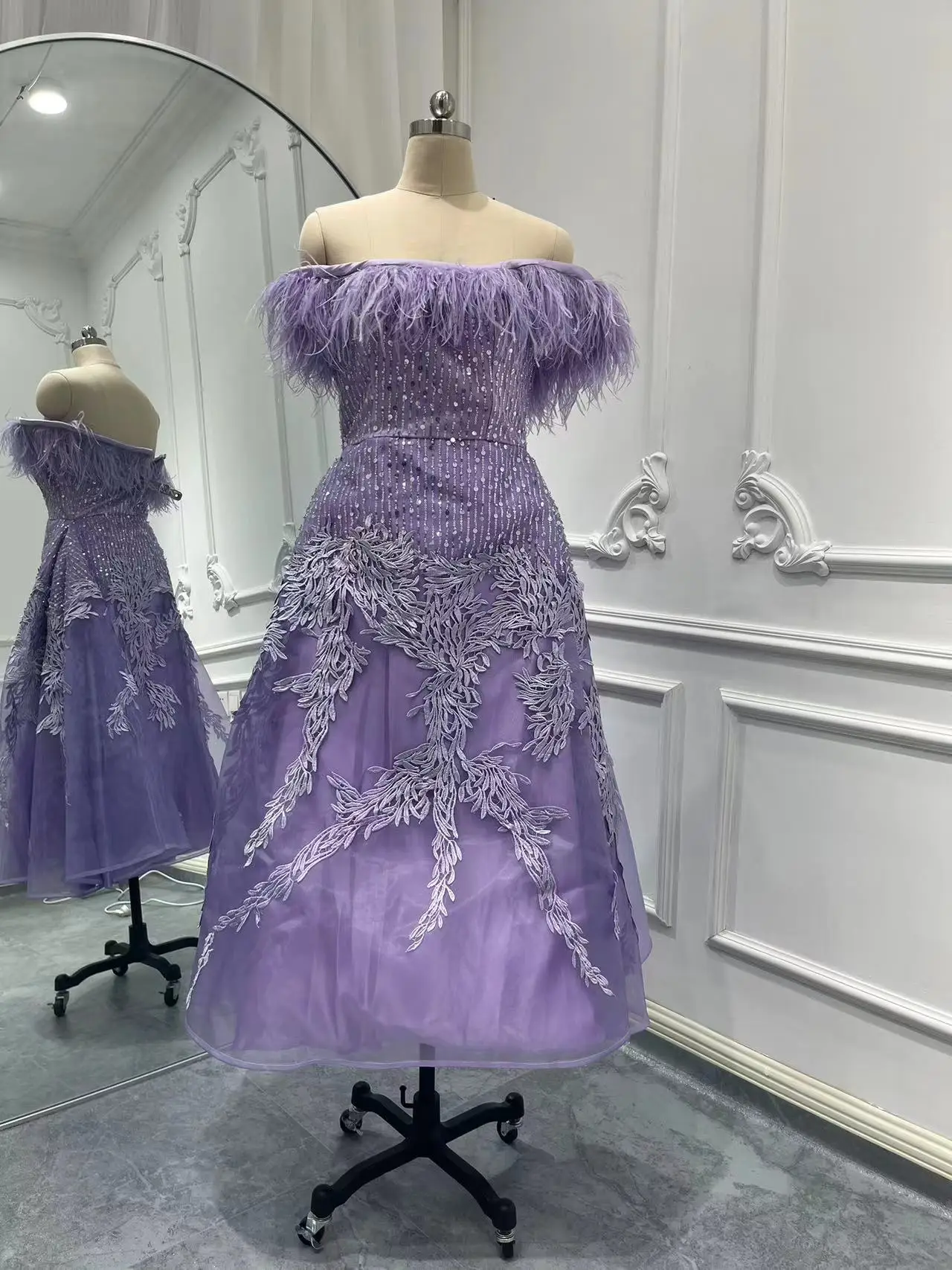 NW38 Customized Real Picture Lavender Women Prom Dresses Strapless Feather Beading A Line Tea Length Prom Occasion Wear Evening