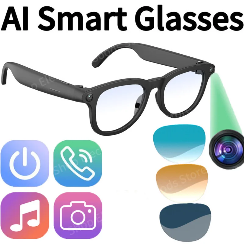 

AI Smart Bluetooth Glasses Anti Blue Photochromic listen Music Calls Recording Videos Changing Lens Translation Large Battery