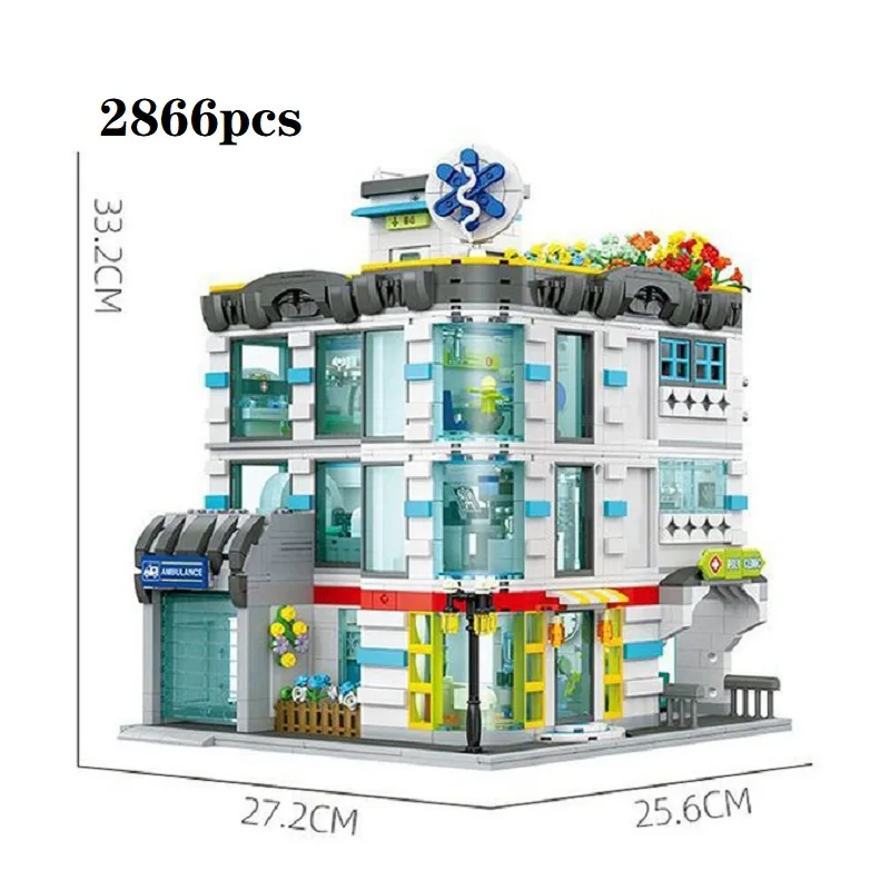 

General Hospital with Ambulance Building Blocks Kit Modern Medicine Model Assembled Ornaments Toys Kid Birthday Gift JJ9211
