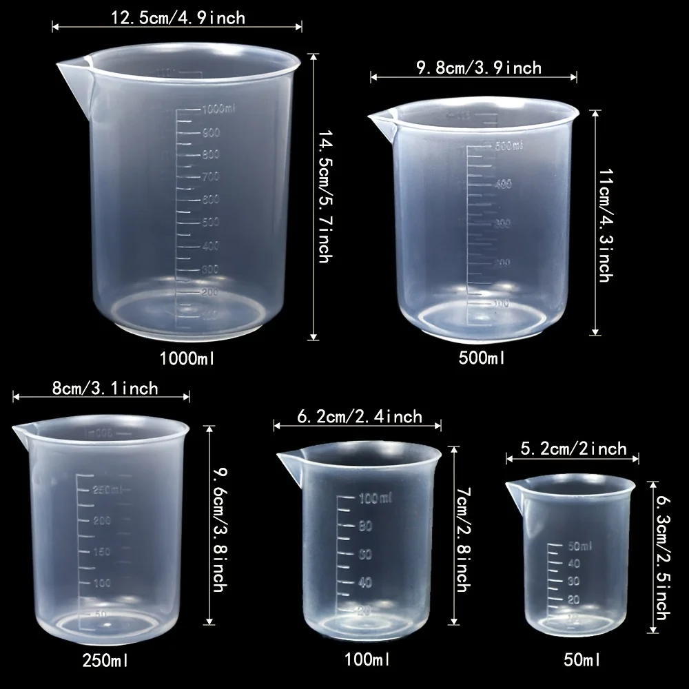 Plastic measuring cylinders and beakers, 10ml, 25ml, 50ml, 100ml measuring cylinders with 50ml, 100ml, 250ml, 500ml, 1000ml beak