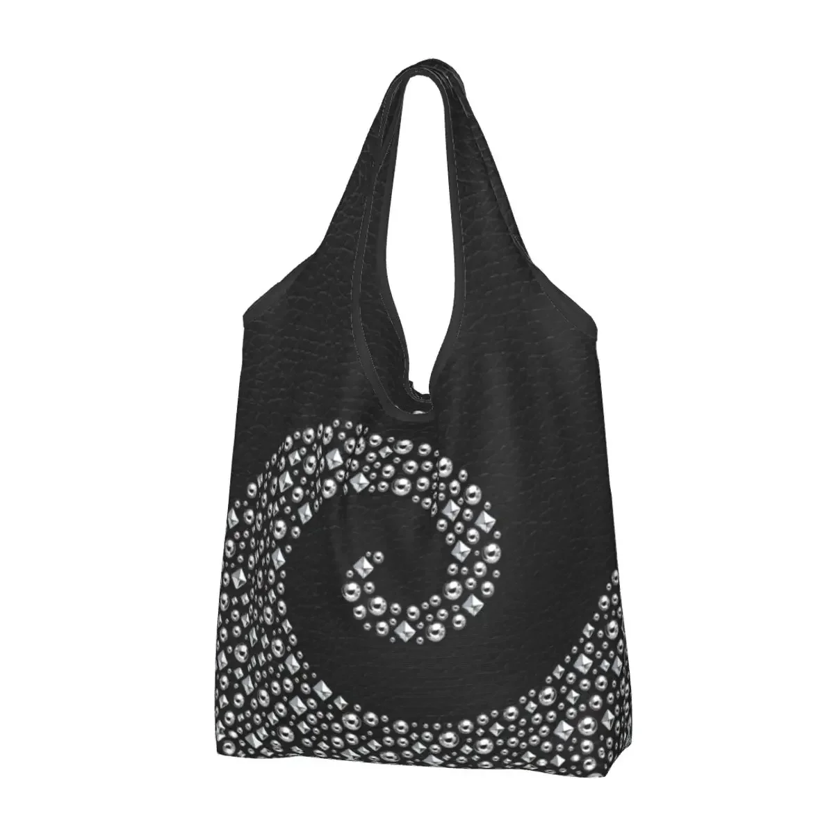 Black Leather With Silver Stud Swirl Groceries Tote Shopping Bag Kawaii Textures Shopper Shoulder Bag Large Capacity Handbag