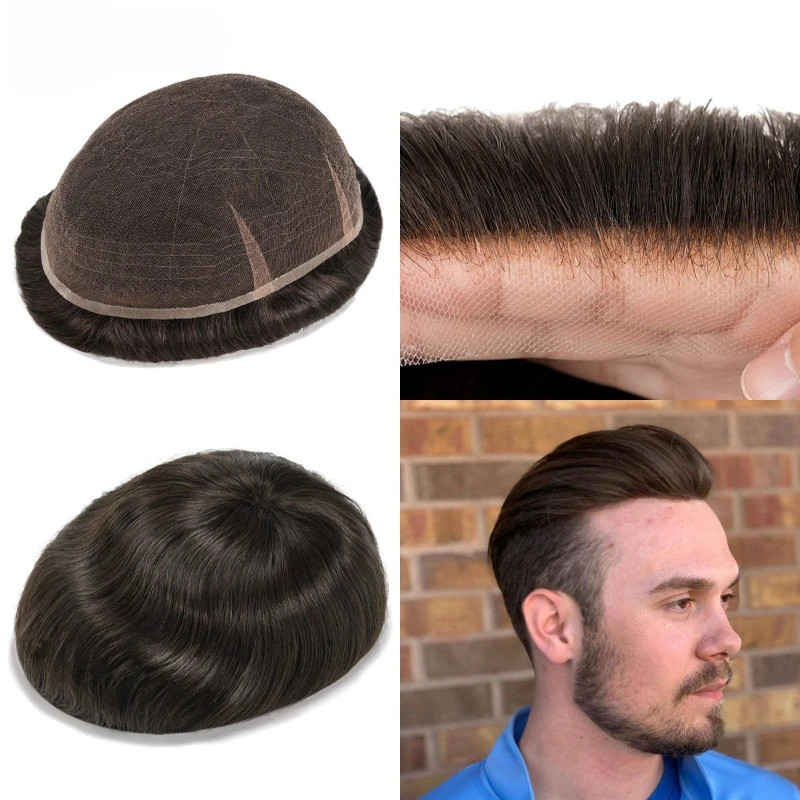 Peruca de renda francesa para homens, prótese capilar masculina respirável, peruca cheia de renda 100% cabelo humano, sistema branqueado nós perucas, novo