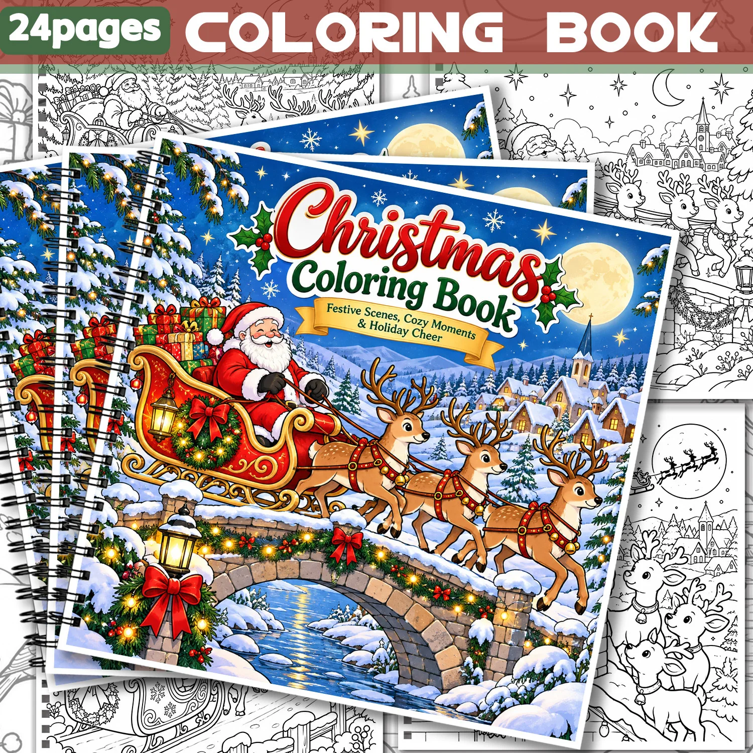 Christmas Coloring Book Spiral Bound Festive Scenes Cozy Moments Holiday Cheer 24Pages Showcasing Creativity & Relieving Stress
