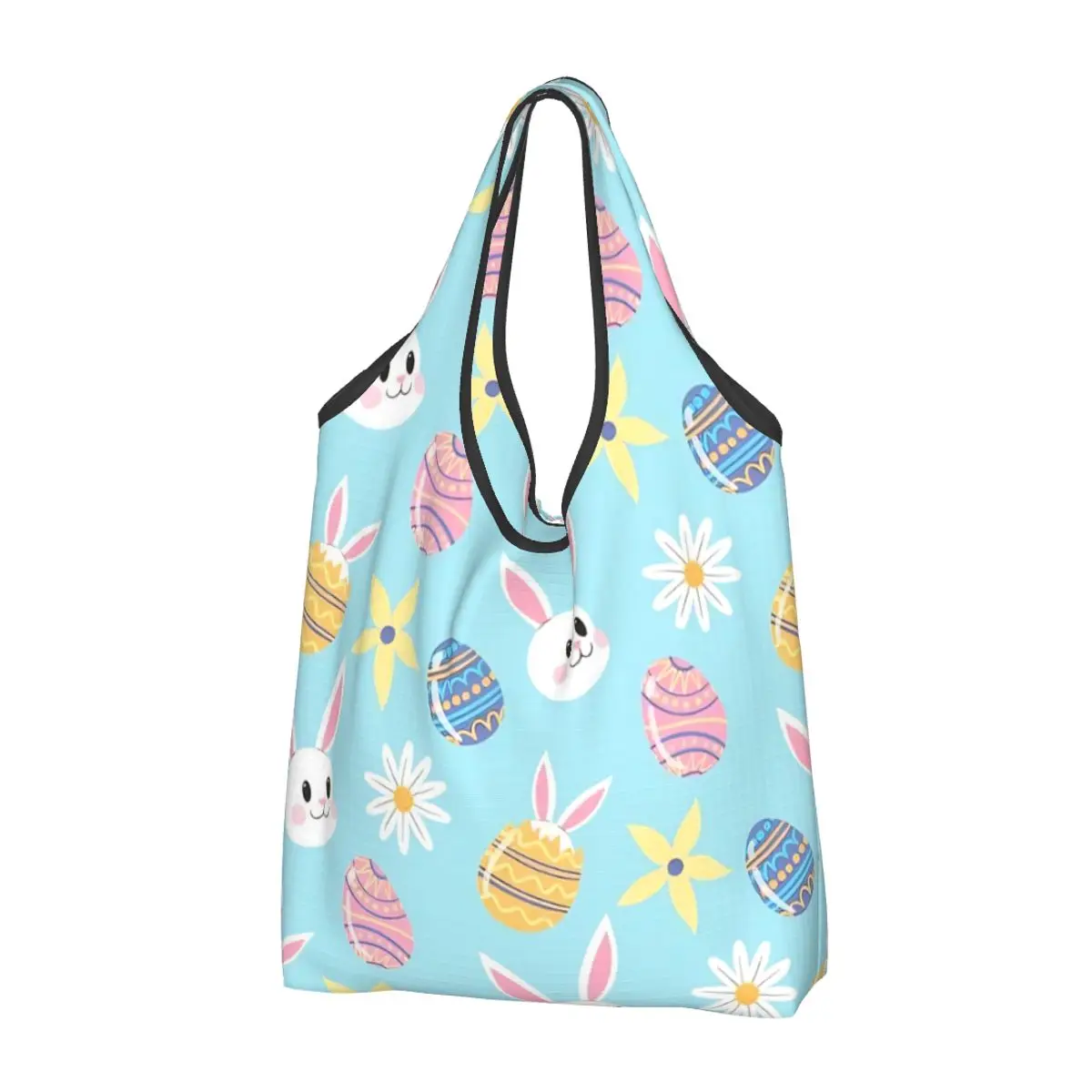 Happy Easter Eggs Rabbit Grocery Bag Durable Large Reusable Recycle Heavy Duty Daisies Shopping Tote Bag Washable Lightweight