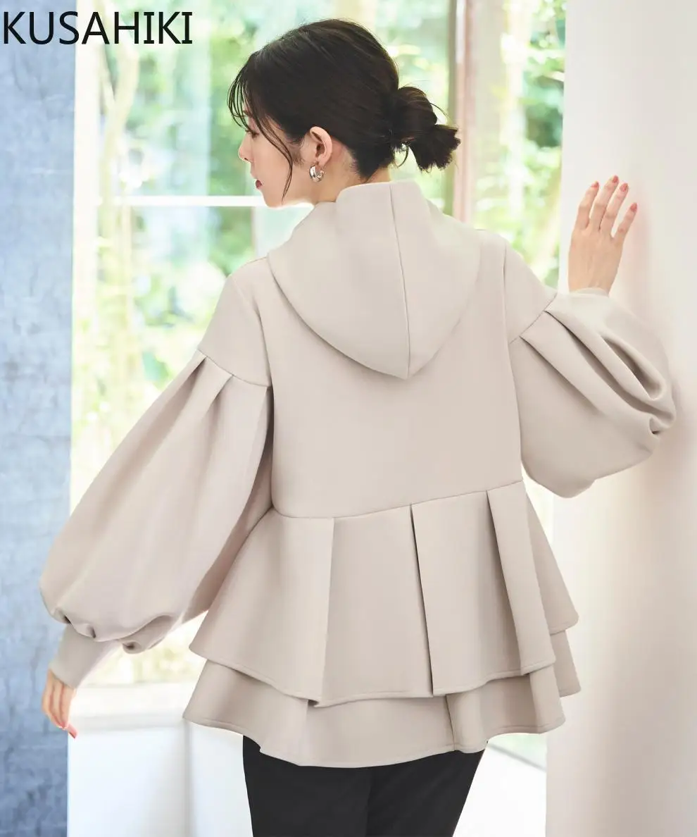 KUSAHIKI Autumn Winter New Women's Hooded Long Sleeves with Ruffle Edge Decoration Women's Causal Jacket Fashion Style Coat