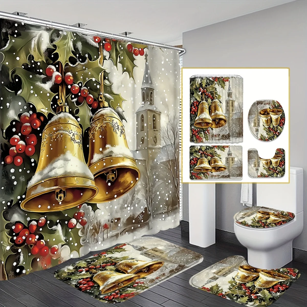 4Pcs Xmas Winter Bath Set,Bell Holly & Red Berries,Winter Scene,Holiday Shower Decor,12 Hooks,Non-Slip Mat,U-Shaped Toilet Cover