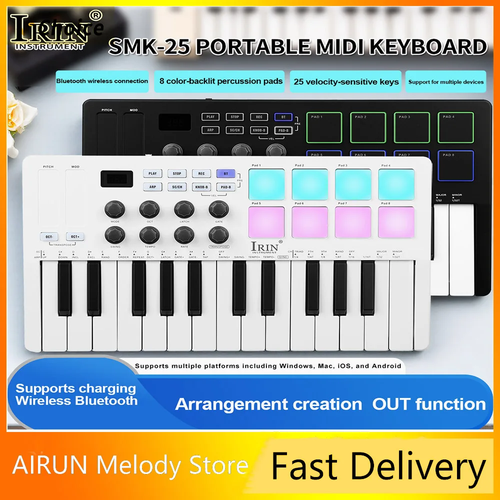 

IRIN 25-клавишная MIDI-клавиатура управления Мини-портативная USB-клавиатура с 25 скоростными чувствительными клавишами 8 подушечек с RGB-подсветкой 8 ручек