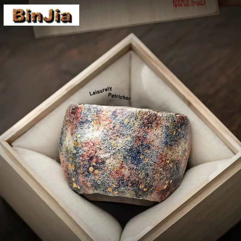 120ML Ancient Long Kiln Rock Mine Teacup Handmade Pinch Pottery Master Cup Tasting Tea Bowl Gold Pointing Kung Fu Gift Box Craft