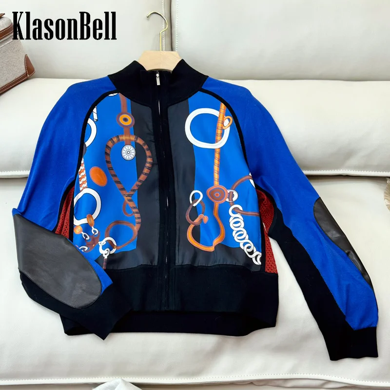 

9.18 KlasonBell Women's 2024 Autumn New Lock Chain Print Silk Spliced Wool Knit Cardigan Long Sleeve Spliced Leather Coat