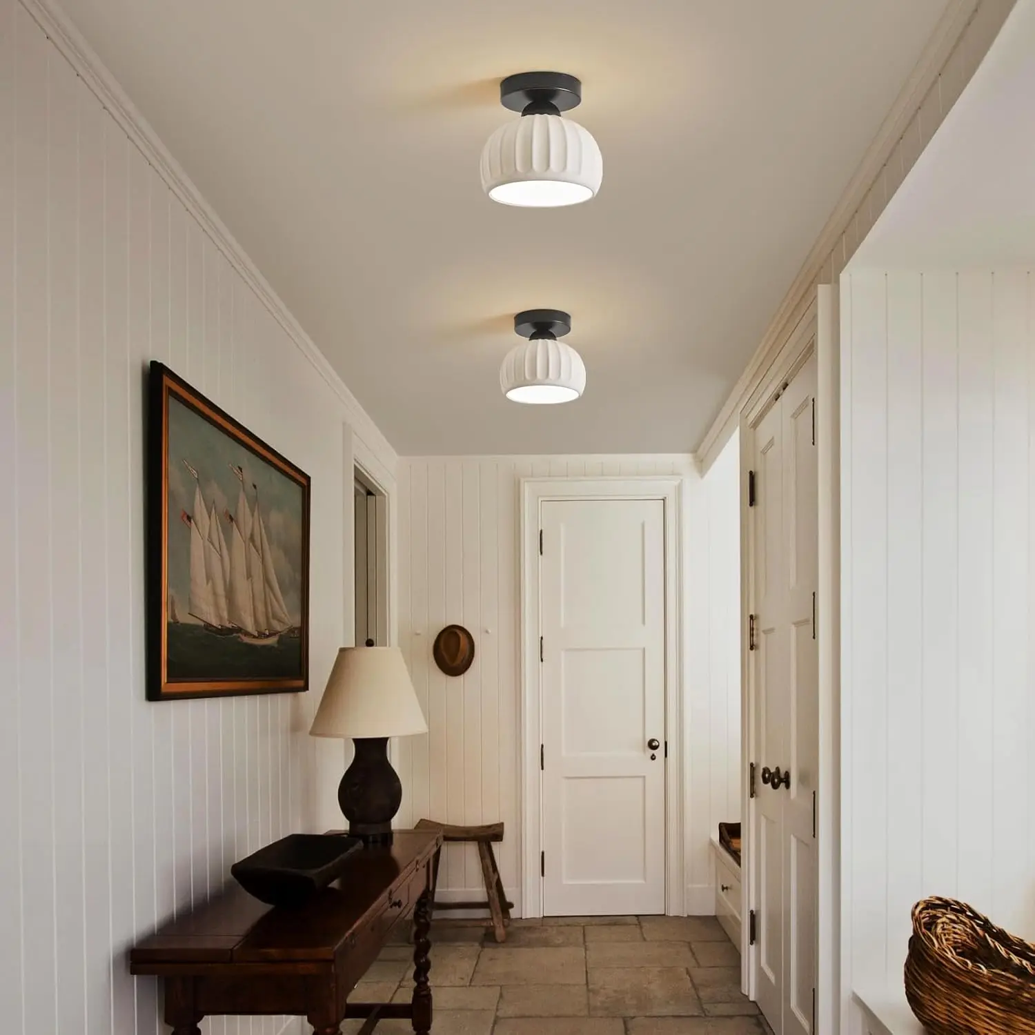 Ceramic Semi Flush Mount Ceiling Light Fixtures 2 Pack, Black Hallway Ceiling Light Farmhouse Light, Close To Ceiling Light For