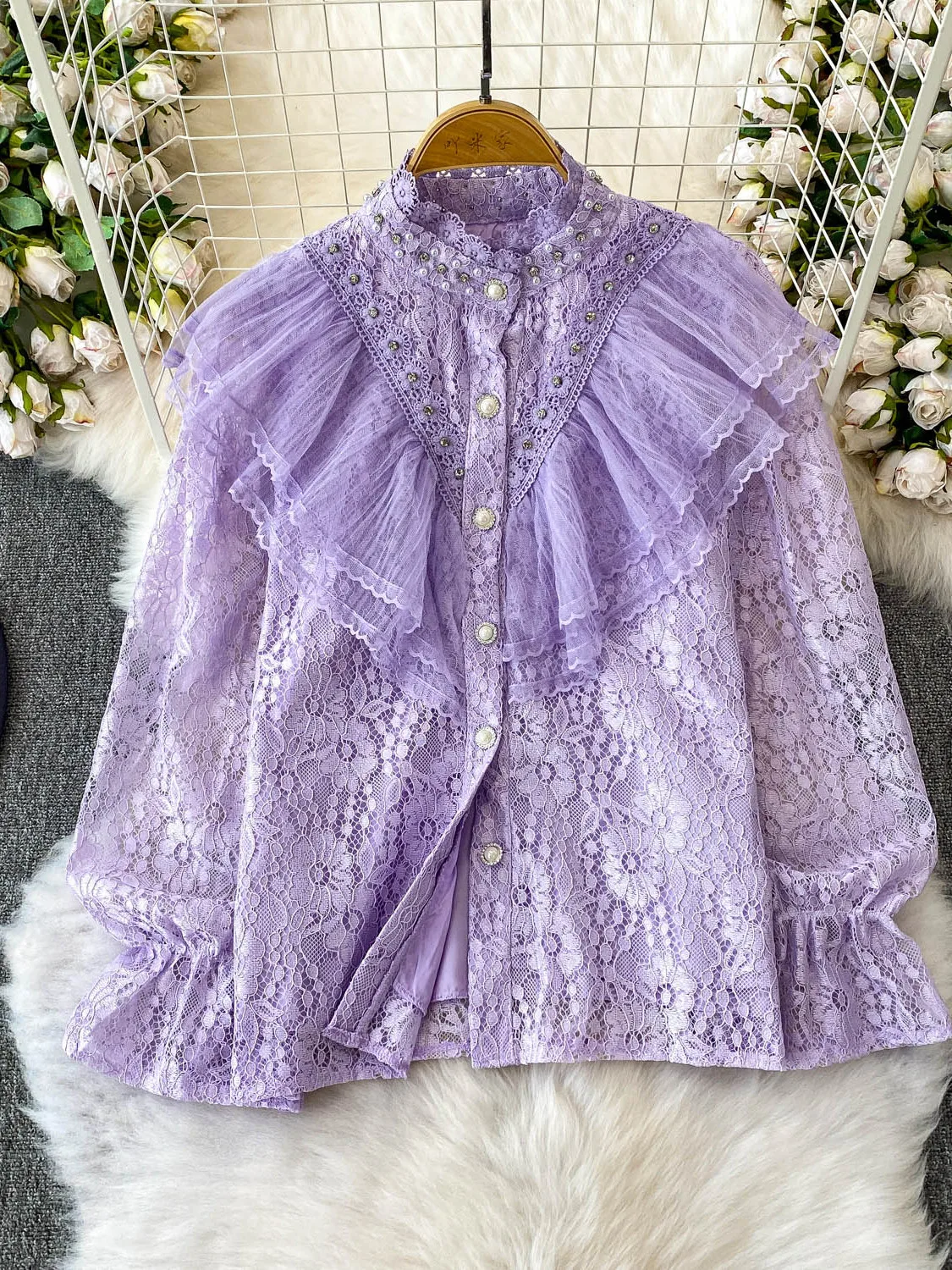 Colletto lungo in pizzo Sve impreziosito pesante da donna irt Summer Court Sle Dimagrante con orlo a balza Top coreano Vestibilità ampia Protezione UV...