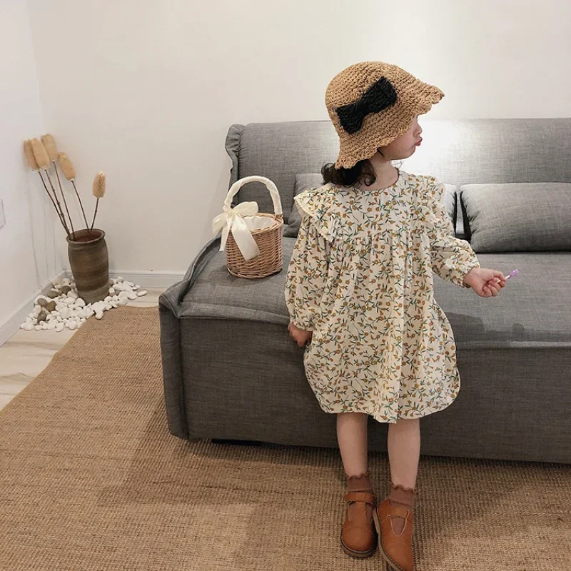 Spring Autumn New Girls' Baby Long-Sleeved Korean-Style Cotton And Linen Floral Doll Dress Children Grac