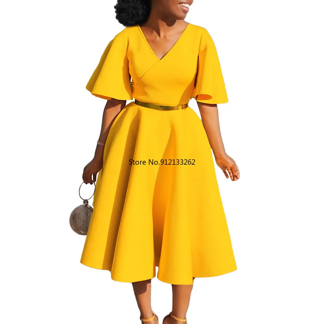 

Summer Fashion African Women V-neck Polyester Short Flare Sleeve Red Black Pink Knee-length Dress African Dresses for Women